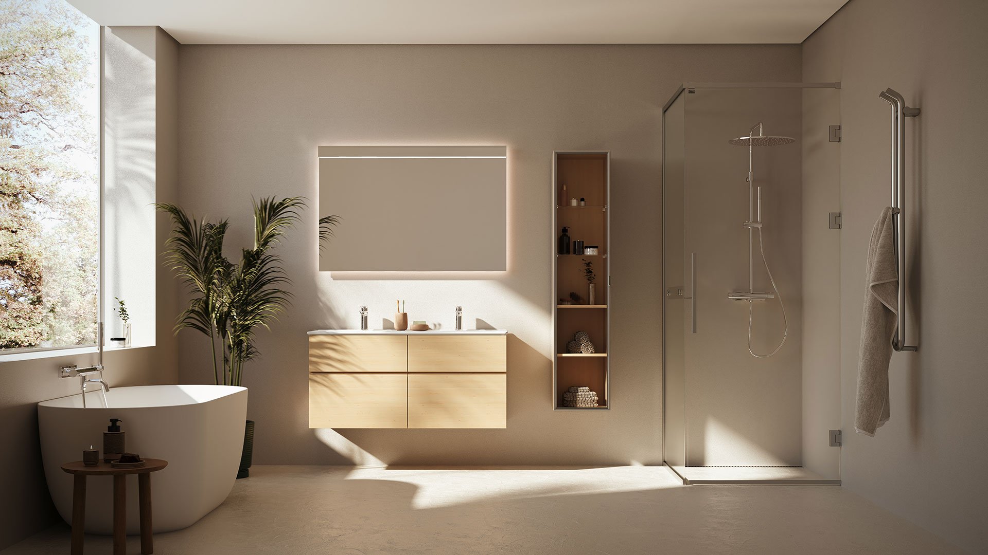 Poem washbasin cupboards in pure oak and with integrated handles.